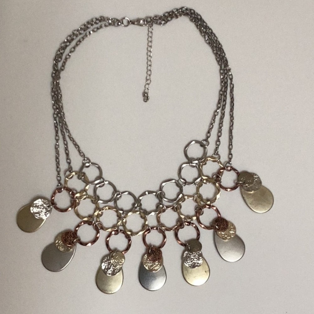 Multi layer copper/silver/gold statement necklace